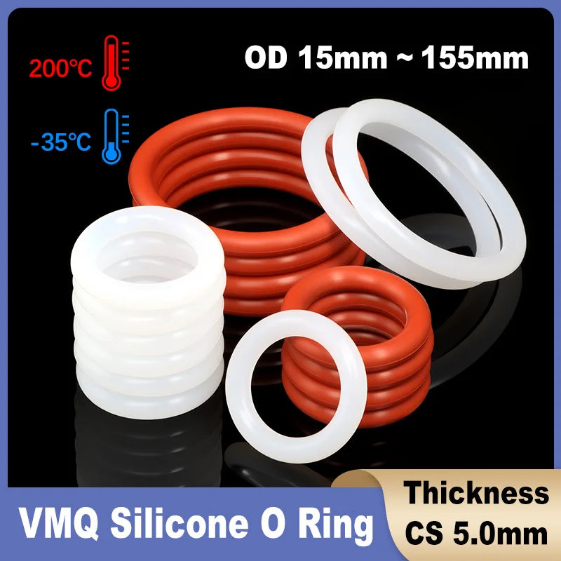 CS 5mm VMQ O Ring Silicone Seal Gasket OD 15mm~155mm White Rubber Insulated Sealing Washer Round O Shape