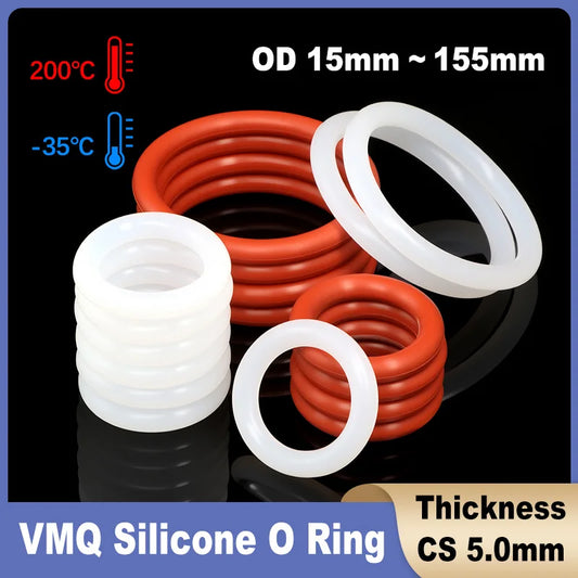 CS 5mm VMQ O Ring Silicone Seal Gasket OD 15mm~155mm White Rubber Insulated Sealing Washer Round O Shape
