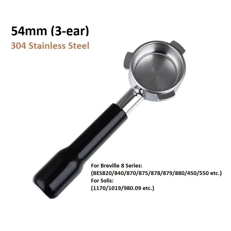54mm 3-Ear Coffee Portafilter, 304 Stainless Steel Luxury Wooden Handle Espresso Holder Compatible with Breville 820 880 Series & Solis