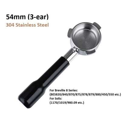 54mm 3-Ear Coffee Portafilter, 304 Stainless Steel Luxury Wooden Handle Espresso Holder Compatible with Breville 820 880 Series & Solis