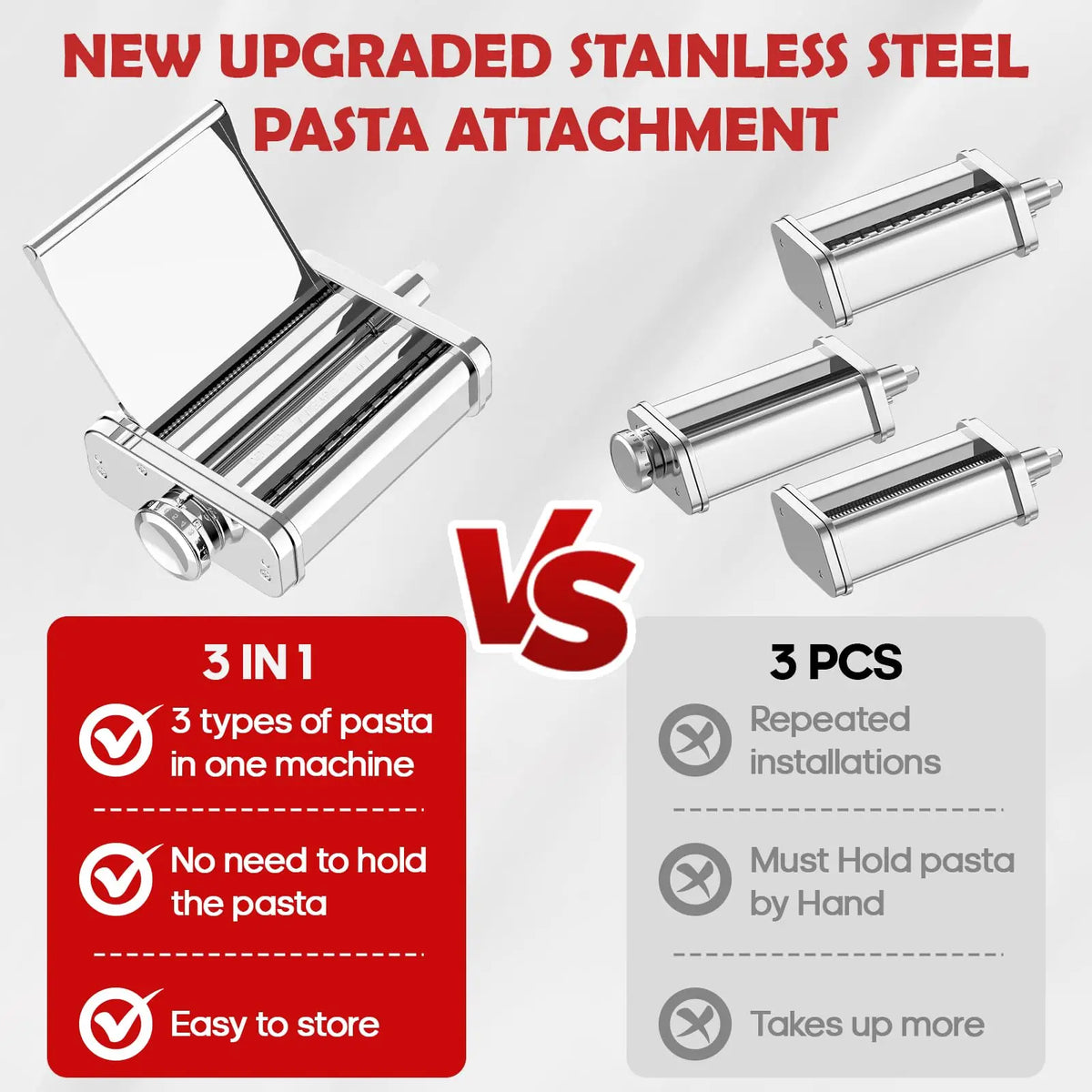 Stainless Steel 3in1 Pasta Attachment for KitchenAid Mixer with Roller Spaghetti Fettuccine Cutters for Noodles