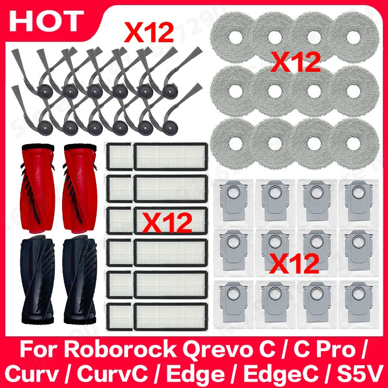 Compatible with Roborock Qrevo C/C Pro/Curv/CurvC/Edge/EdgeC/S5V Compatible Main Side Brush, Mop Cloth, Dust Bag & Filter Set