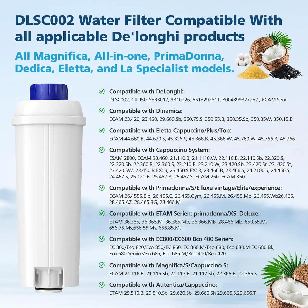 DLSC002 Water Filter Replacement Compatible with Delonghi Coffee Machine Filter Activated Carbon Softener For De'longhi