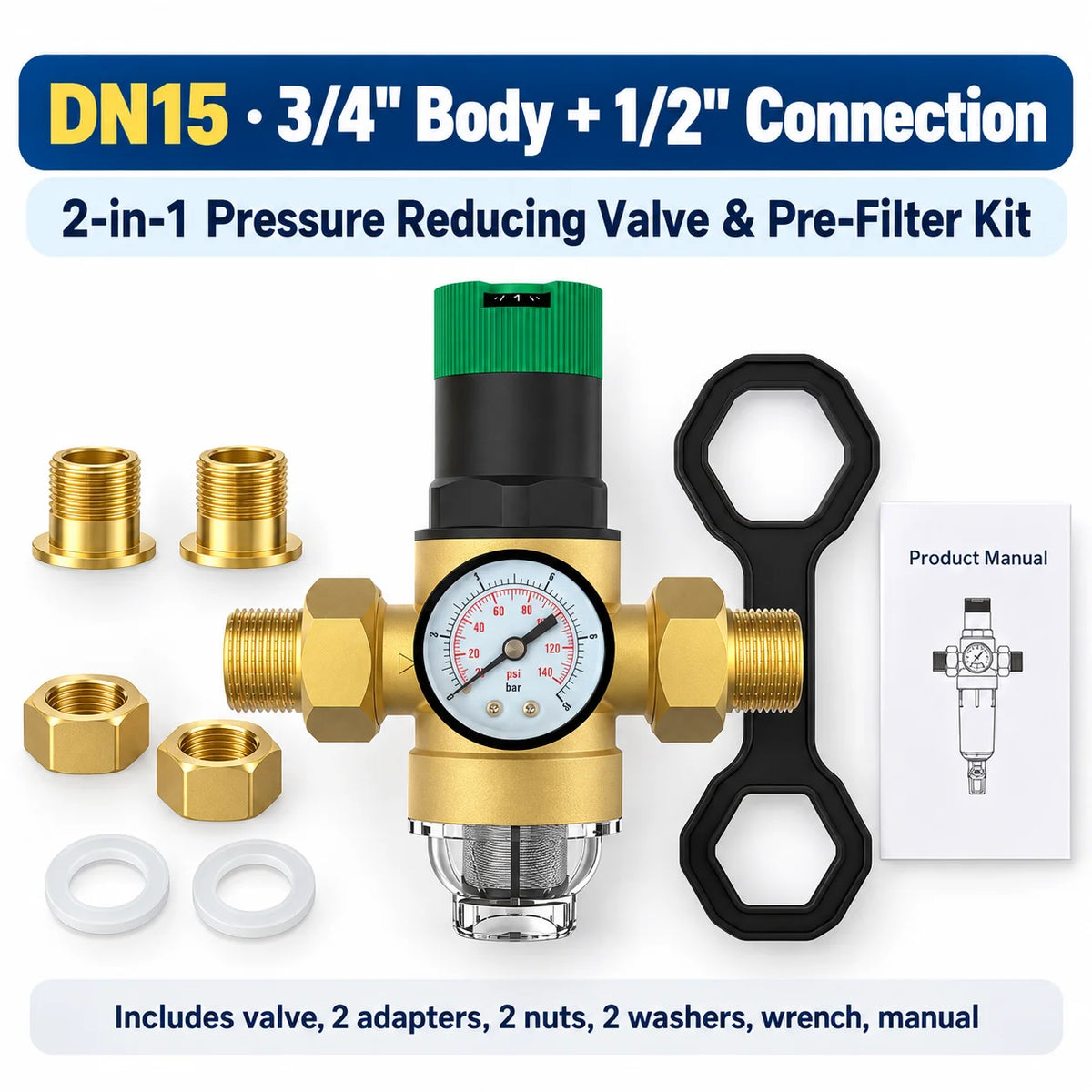 AUVYNE 2-in-1 Adjustable Brass Water Pressure Reducing Valve with Gauge and Sediment Filter for Home Plumbing