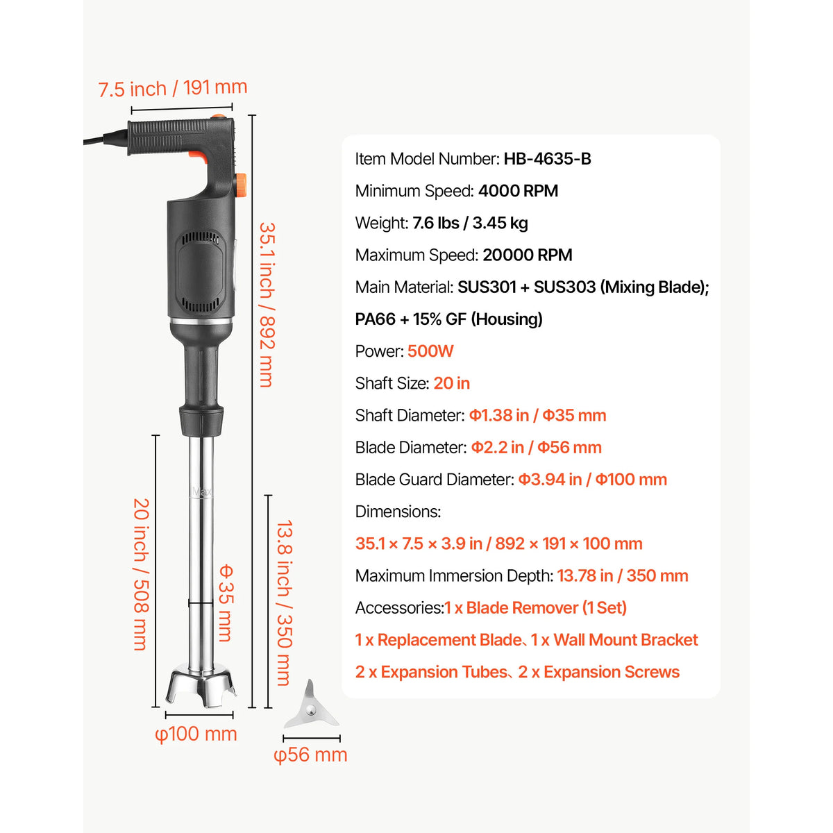 SucceBuy Commercial Immersion Blender for Restaurant Handheld Stick for Soups Sauces Variable Speed Stainless Steel 3-Blade Head