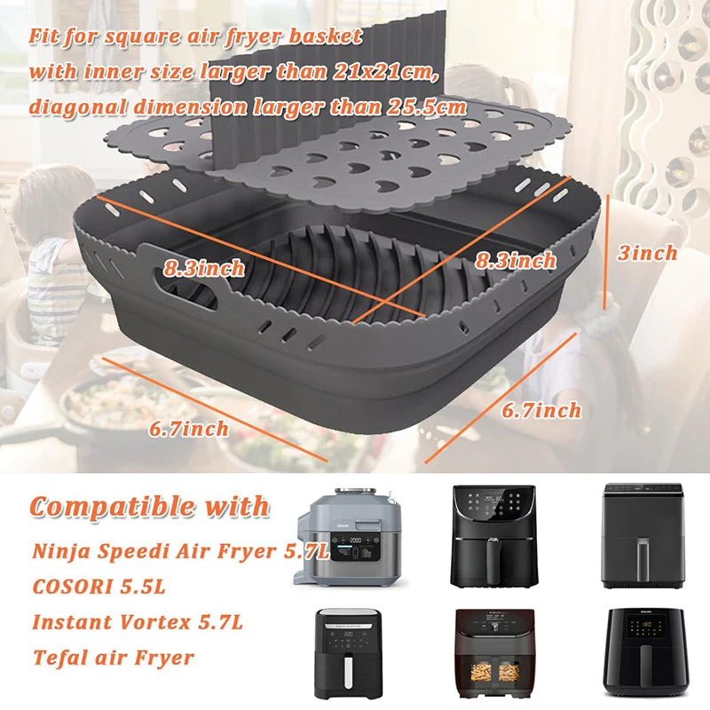 Square Air Fryer Silicone Basket Pot Reusable Foldable AirFryer Mold Liners Bpa Free Oven Baking Tray Mat Kitchen Accessories