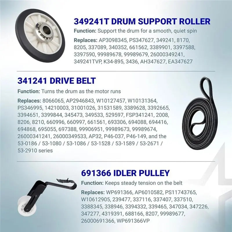 B01C-Belt Roller Kit For Dryer Compatible with Whirlpool Kenmore WPW10314173 W10314171 4392065 WP4392065 691366 341241 349241T