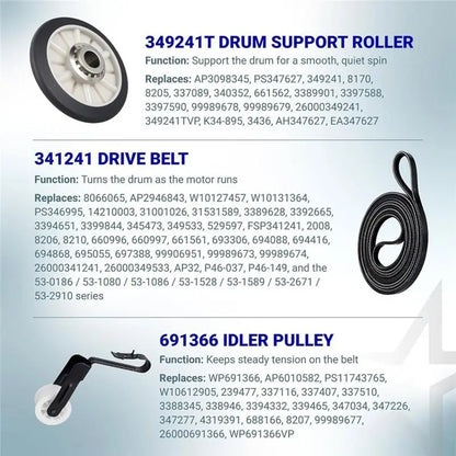 B01C-Belt Roller Kit For Dryer Compatible with Whirlpool Kenmore WPW10314173 W10314171 4392065 WP4392065 691366 341241 349241T