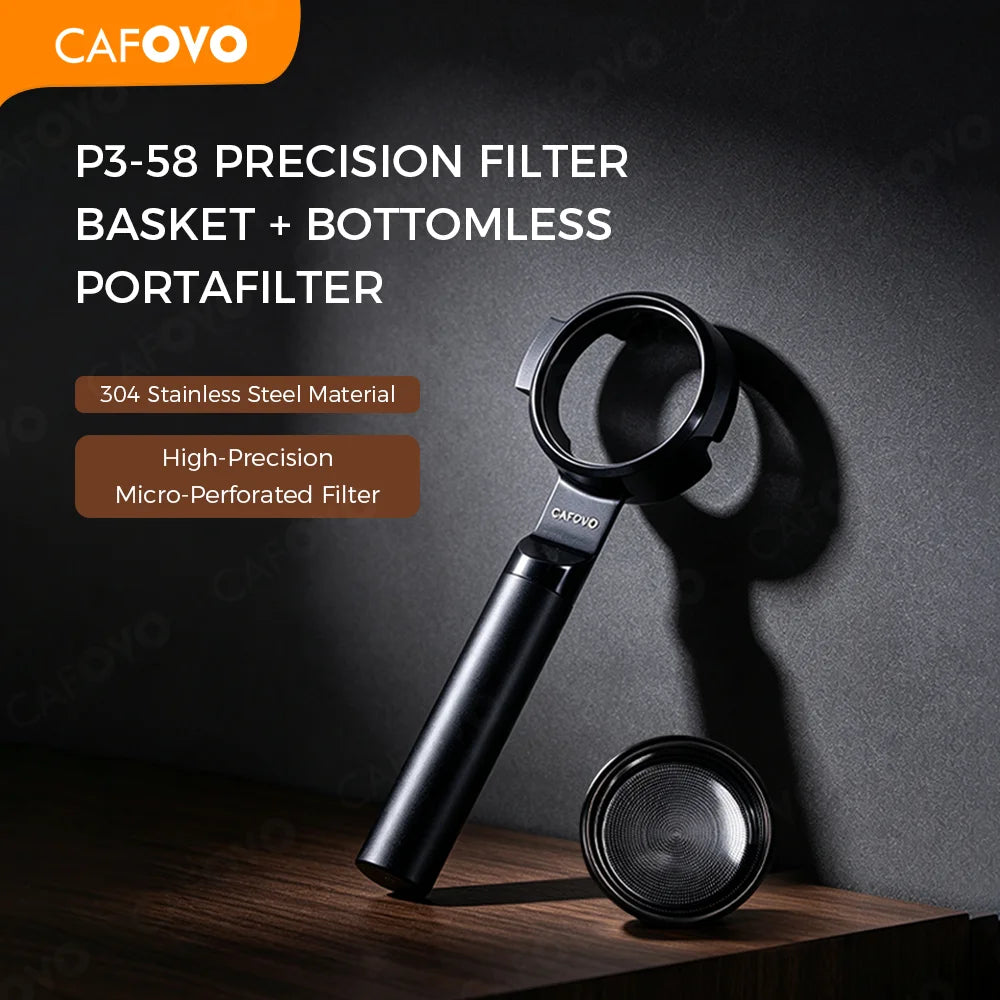 CAFOVO P3-58 Bottomless Portafilter 58mm Pure Titanium Precision Basket 1850 Precision Holes 0.2mm Anodized for Espresso