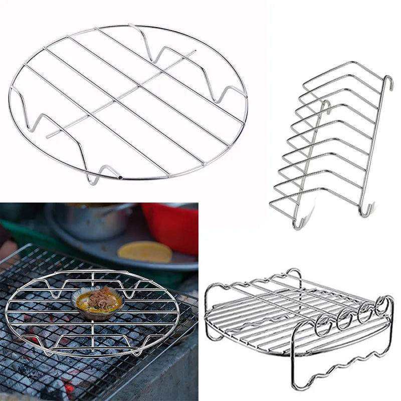 Multipurpose Stainless Steel Air Fryer Rack Bread Grill Stand Roasting Steamer BBQ Wire Holder for Kitchen Cooking Accessories