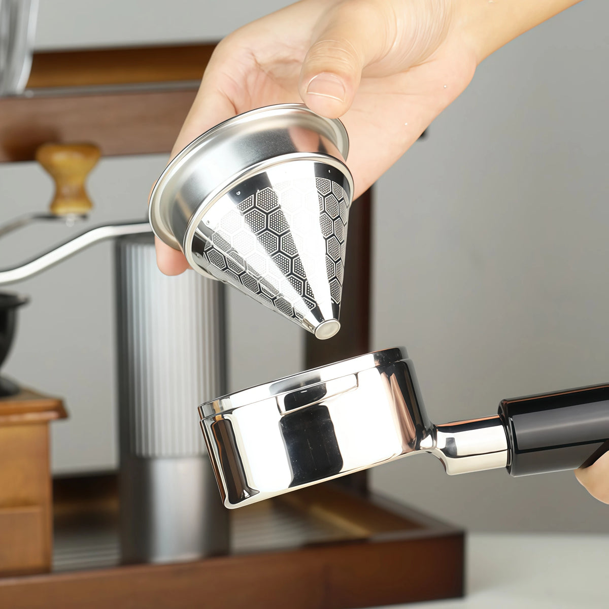 Stainless Steel Coffee Cone Powder Bowl Compatible with Coffee Machine Without Bottom Handle Double-Layer Filter Screen