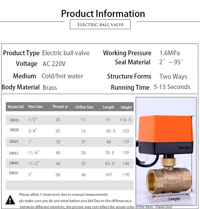 1-1/2" Motorized 2-Way Ball Valve DN40 Brass Electric Ball Valve 3-Wire 2 Point Control 220V 12V 24V